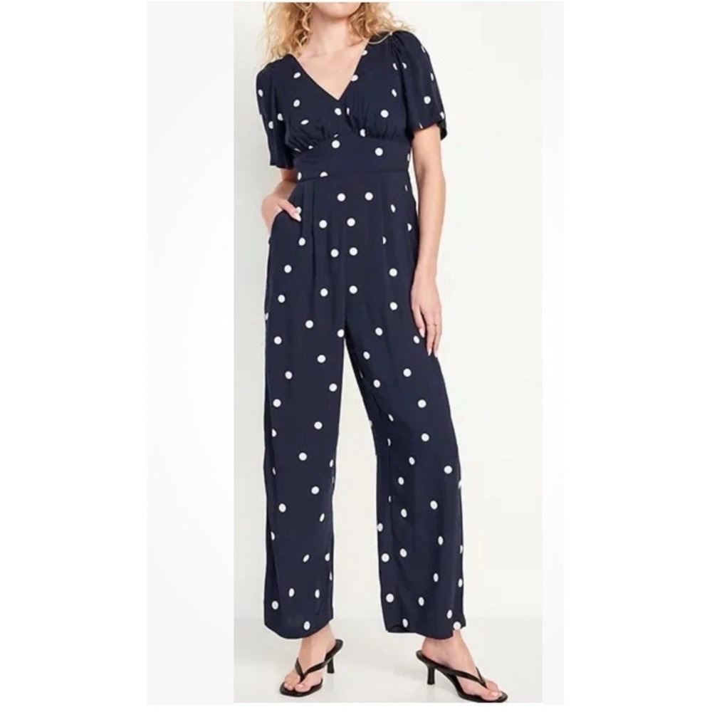 Old Navy‎ Womens Polkadot Waist Defined Puff Sleeve Jumpsuit XL Wide Leg Flowy